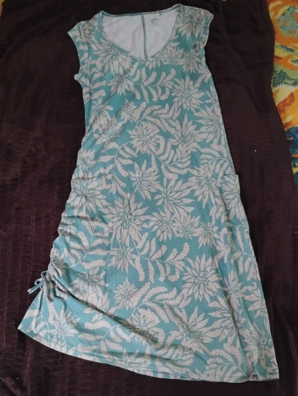 Toad&Co Teal and White Floral V- Neck Dress, Comfortable, Stylish Summer Dress